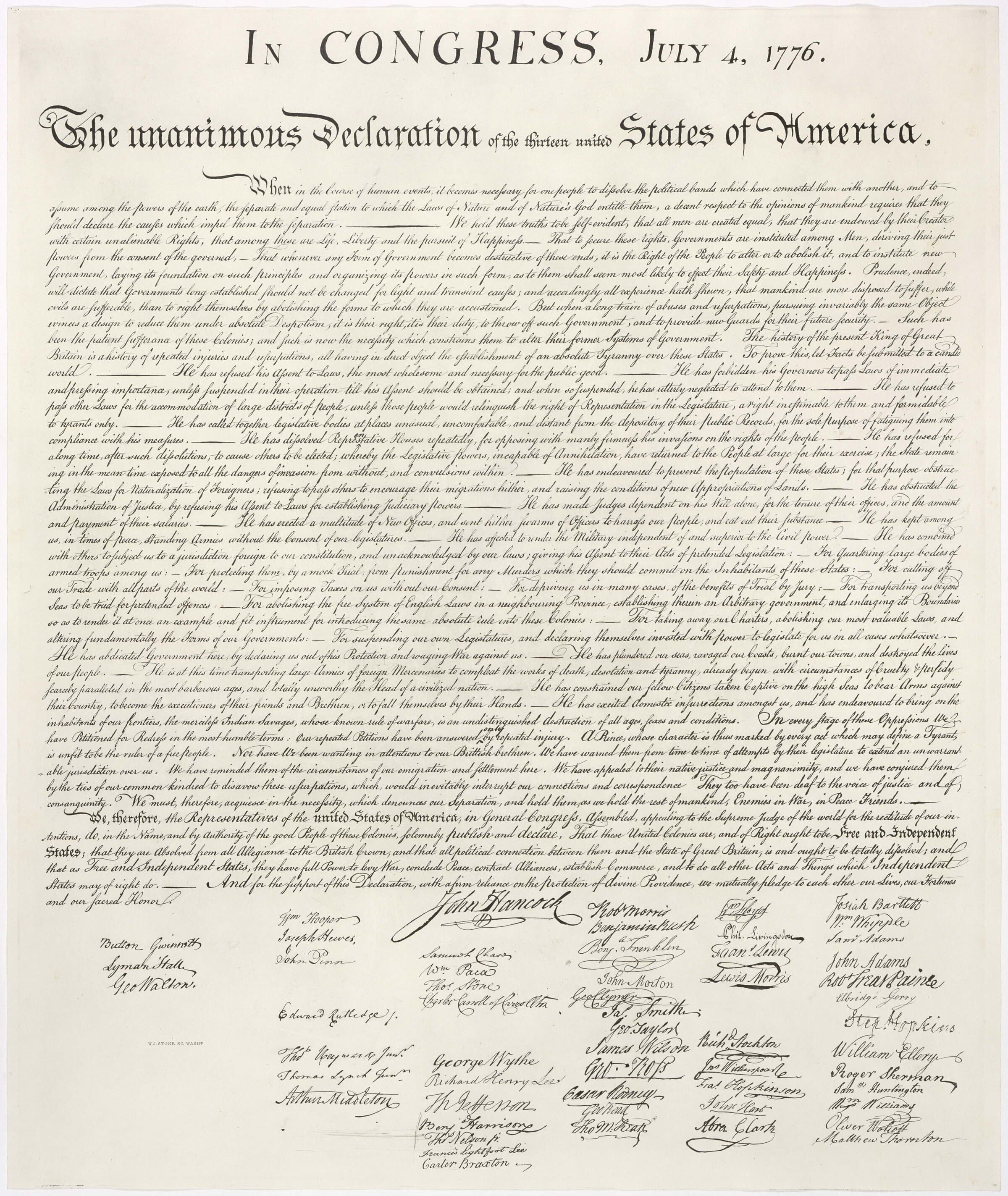 The engrossed United States Declaration of Independence, the document whose words served as the key to the one Beale cipher ever solved.