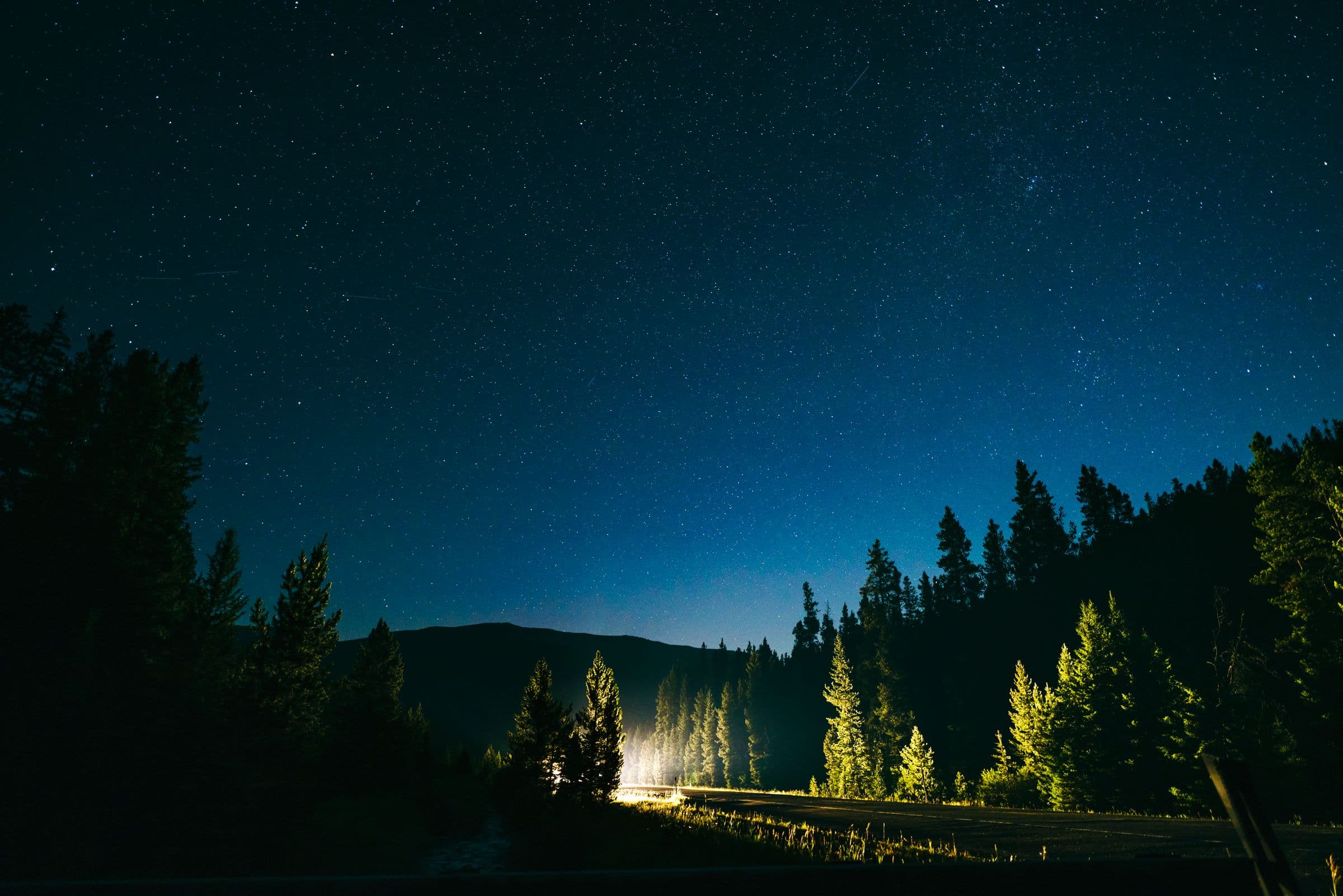 A dark forest road at night beneath a sky full of stars, evoking the Hills' drive through the White Mountains