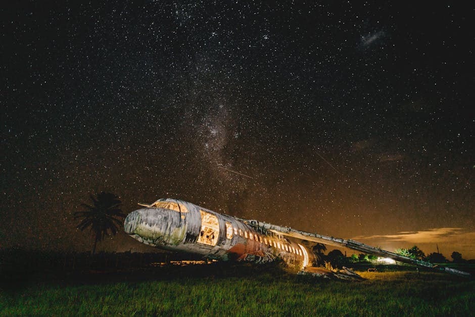 A dramatic scene of an abandoned airplane under a starry night sky, evoking the mystery of Flight 305