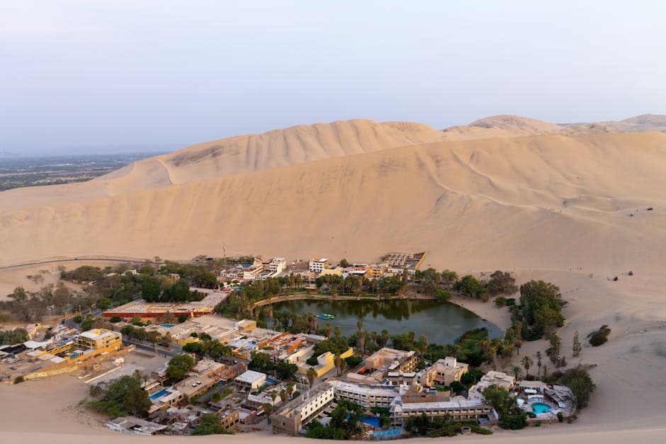 The Huacachina oasis surrounded by sand dunes in southern Peru, illustrating the extreme aridity of the region where the Nazca Lines were created