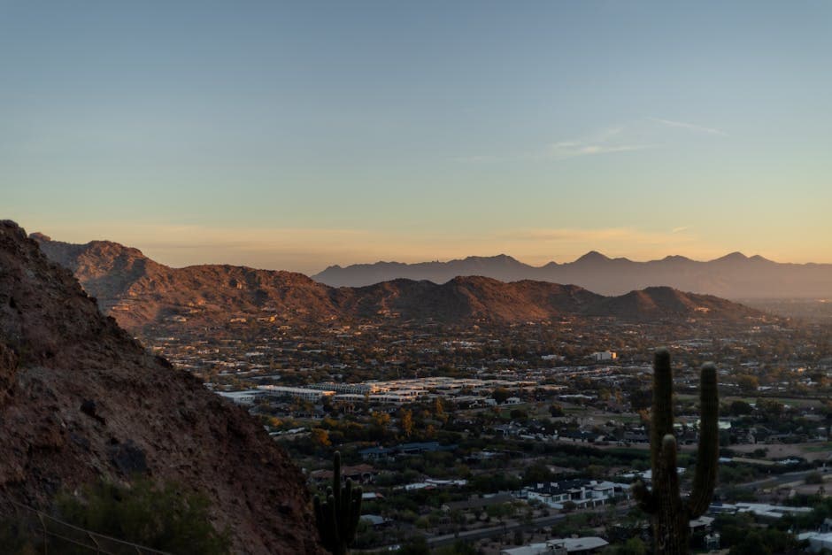 Phoenix Arizona cityscape at sunset with desert mountains and silhouetted cacti