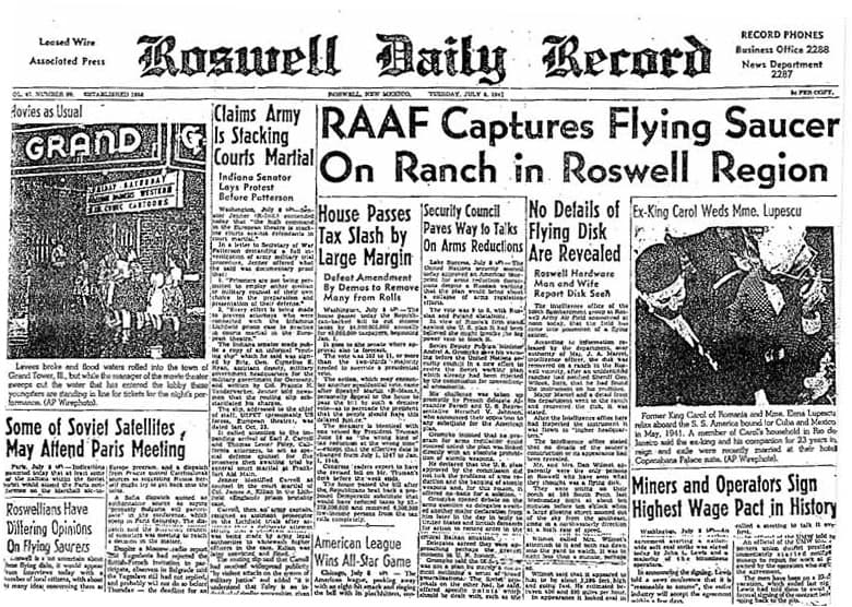 The Roswell Daily Record front page from July 8, 1947 with the headline RAAF Captures Flying Saucer